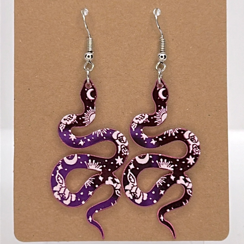 Chic Pink Acrylic Snake-Shaped Dangle Earrings Udan Rose & Star Moon Print  Boho